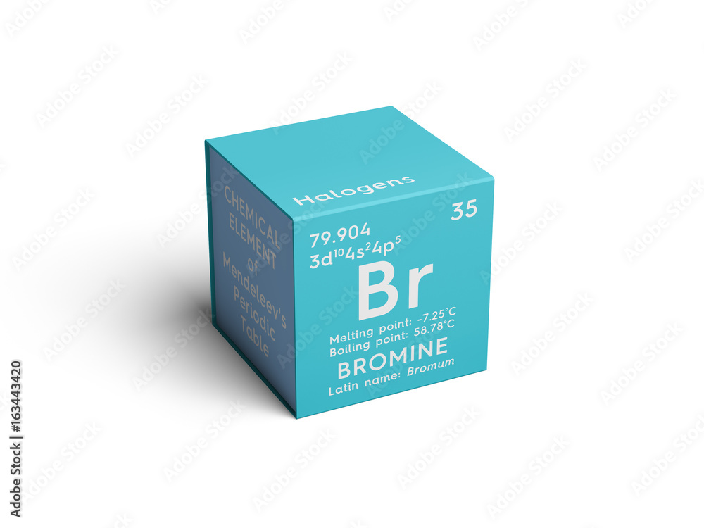 Bromine. Bromum. Halogens. Chemical Element of Mendeleev's Periodic Table. Bromine in square cube creative concept. - obrazy, fototapety, plakaty 