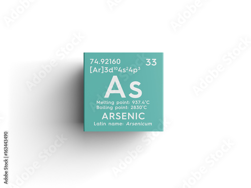 Arsenic. Arsenicum. Metalloids. Chemical Element of Mendeleev's Periodic Table. Arsenic in square cube creative concept. photo