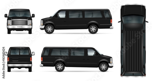 Black van vector template for car branding and advertising. Isolated mini bus on white background. All layers and groups well organized for easy editing and recolor. View from side, front, back, top.
