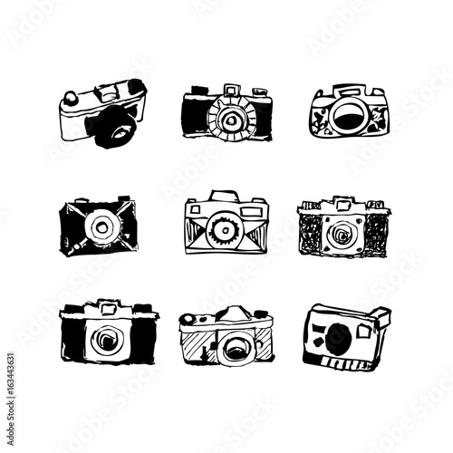 Camera icons. Vintage retro camera icon characters.