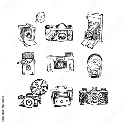 Camera icons. Vintage retro camera icon characters.