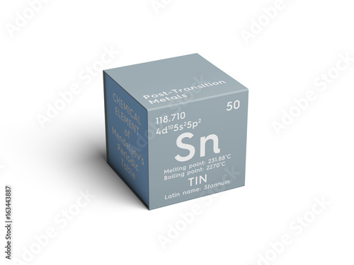 Tin. Stunnam. Post-transition metals. Chemical Element of Mendeleev's Periodic Table. Tin in square cube creative concept. photo