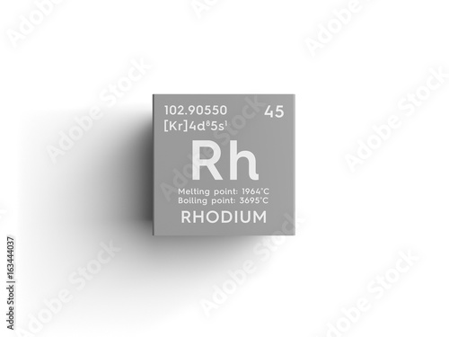 Rhodium. Transition metals. Chemical Element of Mendeleev's Periodic Table. Rhodium in square cube creative concept. photo