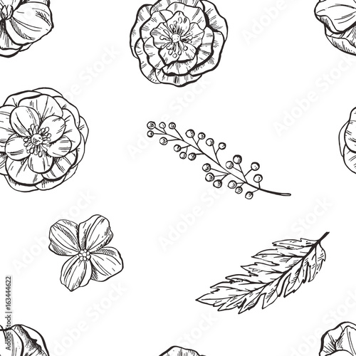 Hand drawn floral seamless pattern. Black and white. Vector illustration.