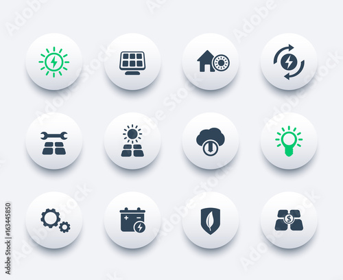 Solar energy icons set, alternative energetics, sun powered house