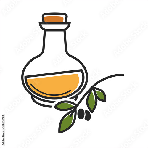 Glass bottle of virgin olive oil near brunch on white