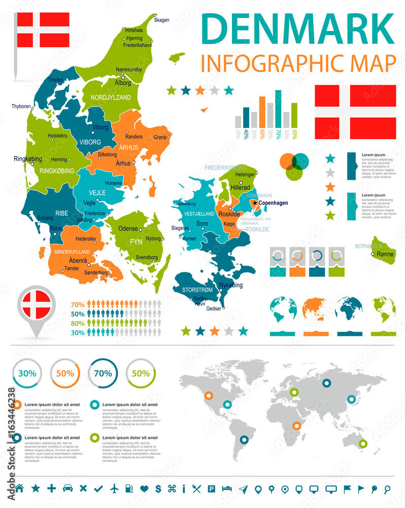 Denmark - infographic map and flag - illustration