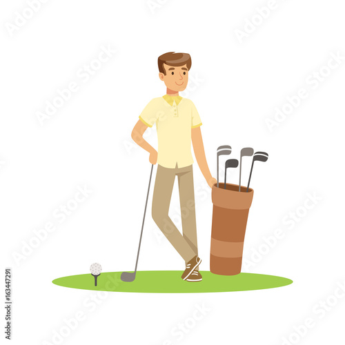 Smiling man golfer with golf equipment vector Illustration