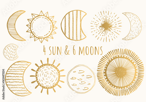 Golden moons and suns. Vector. Isolated.