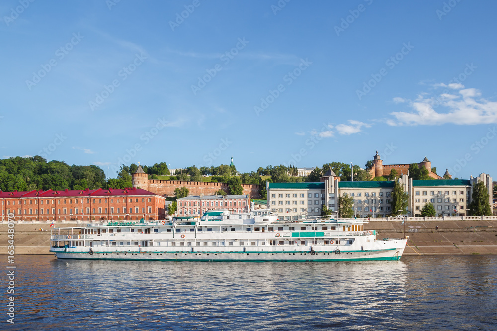 Embankment, three-deck motor ship near the pier in Nizhny Novgorod