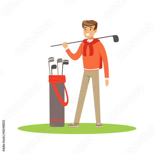 Golf player in a blue pullover standing with a bag of golf clubs vector Illustration