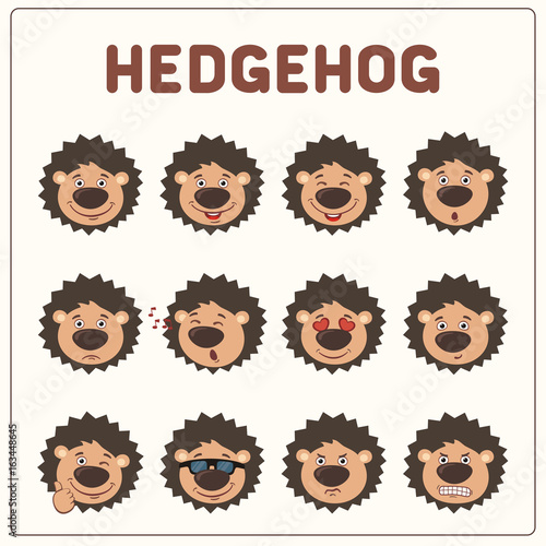 Emoticons set face of hedgehog in cartoon style. Collection isolated funny muzzle hedgehog with different emotion.