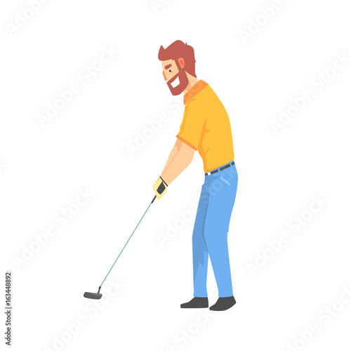 Smiling bearded cartoon golf palyer character hitting the ball vector Illustration © topvectors