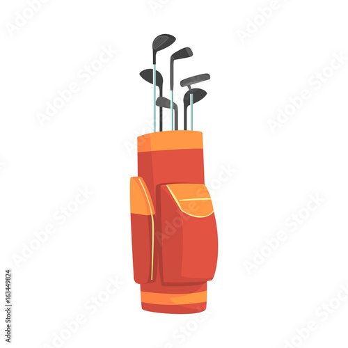Red and orange golf bag full of clubs, golfer sport equipment vector Illustration