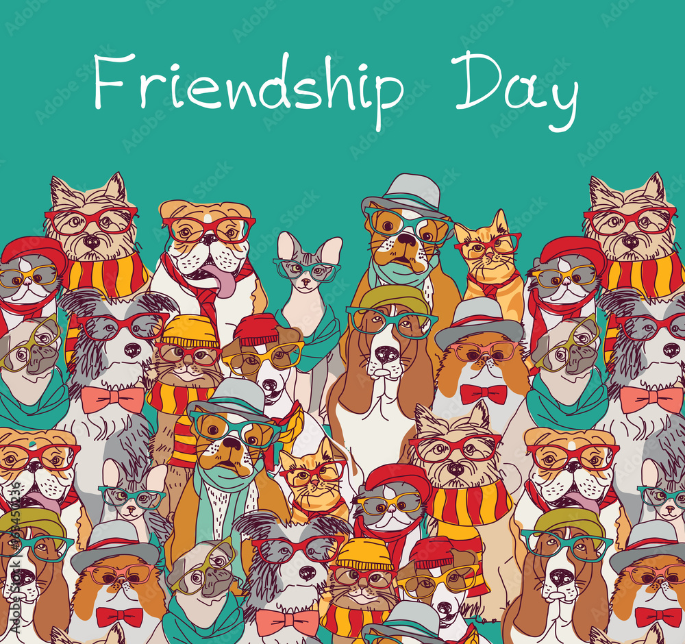 Obraz premium Group fashion best friends cats and dogs fun animals card and sky.
