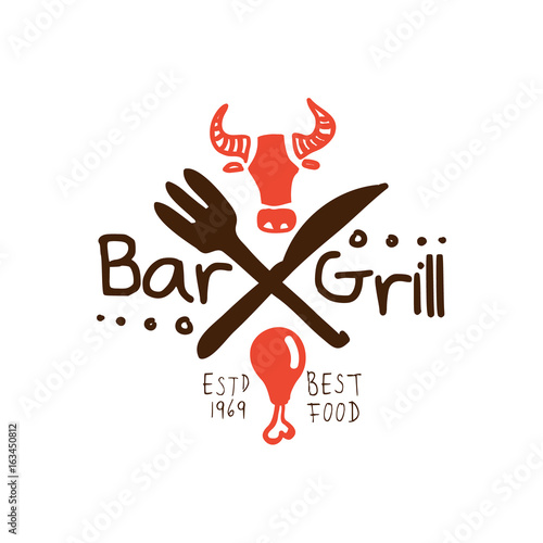 Grill bar, best food estd 1969 logo template hand drawn colorful vector Illustration