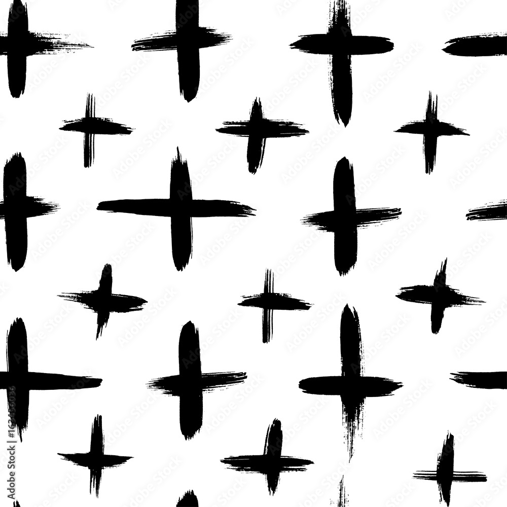 Fototapeta premium Vector black and white seamless pattern with crosses. Traced watercolor brush stroke.