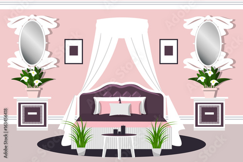 The interior of the bedroom. Room for girls furnished. Cartoon . Vector illustration.