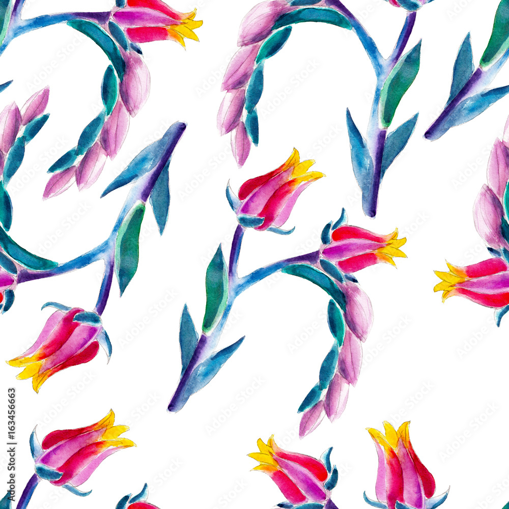 Exotic flower watercolor seamless pattern. Bright tropical flowers isolated on white background, hand-drawn design for background, wallpaper, textile, wrap and etc.