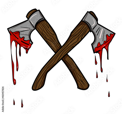 Cartoon image of bloody axe. An artistic freehand picture.
