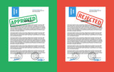 Rejected paper document, red rejected stamp and approved paper document, green approved stamp. 