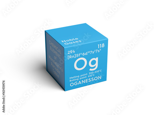 Oganesson. Noble gases. Chemical Element of Mendeleev's Periodic Table. Oganesson in square cube creative concept. photo