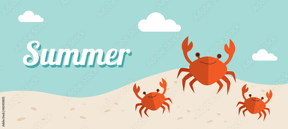 Summer holiday banner Vector Illustration, beach with waves, sand sky and crabs - obrazy, fototapety, plakaty 