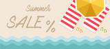 Summer sale banner Vector Illustration, beach with waves, sun umbrellas, sandals and beach towels