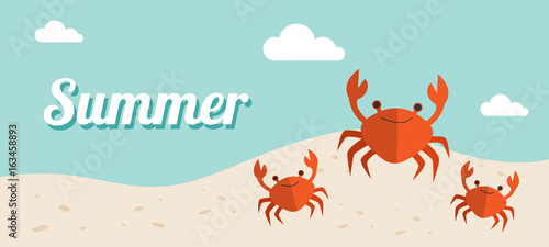 Summer holiday banner Vector Illustration, beach with waves, sand sky and crabs photo