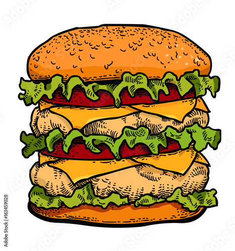Cartoon image of tasty burger. An artistic freehand picture.