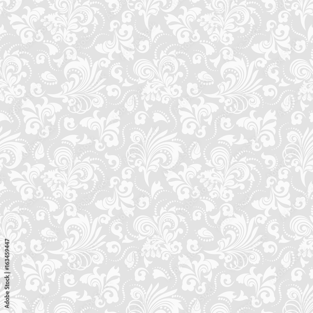 Seamless grey background with white pattern in baroque style. Vector retro illustration. Ideal for printing on fabric or paper.