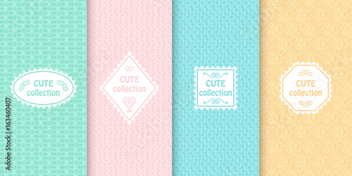 Set of cute pastel seamless patterns with frames. Abstract geometric background. Vector illustration.