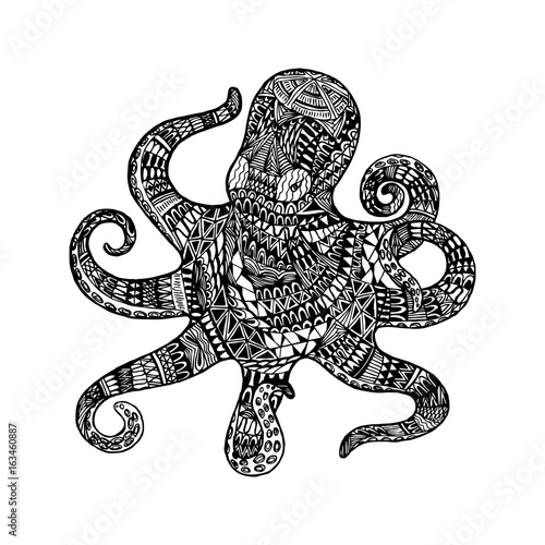 Isolated hand drawn black outline monochrome abstract ornate octopus on white background. Ornament of curve lines. Page of coloring book.