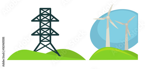 Metal tower for wires and wind generations on green field