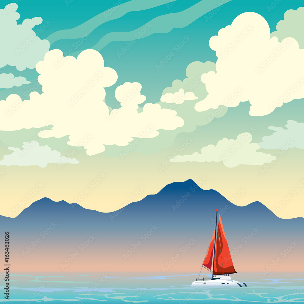 Sailboat, mountains, sea and cloudy sky.