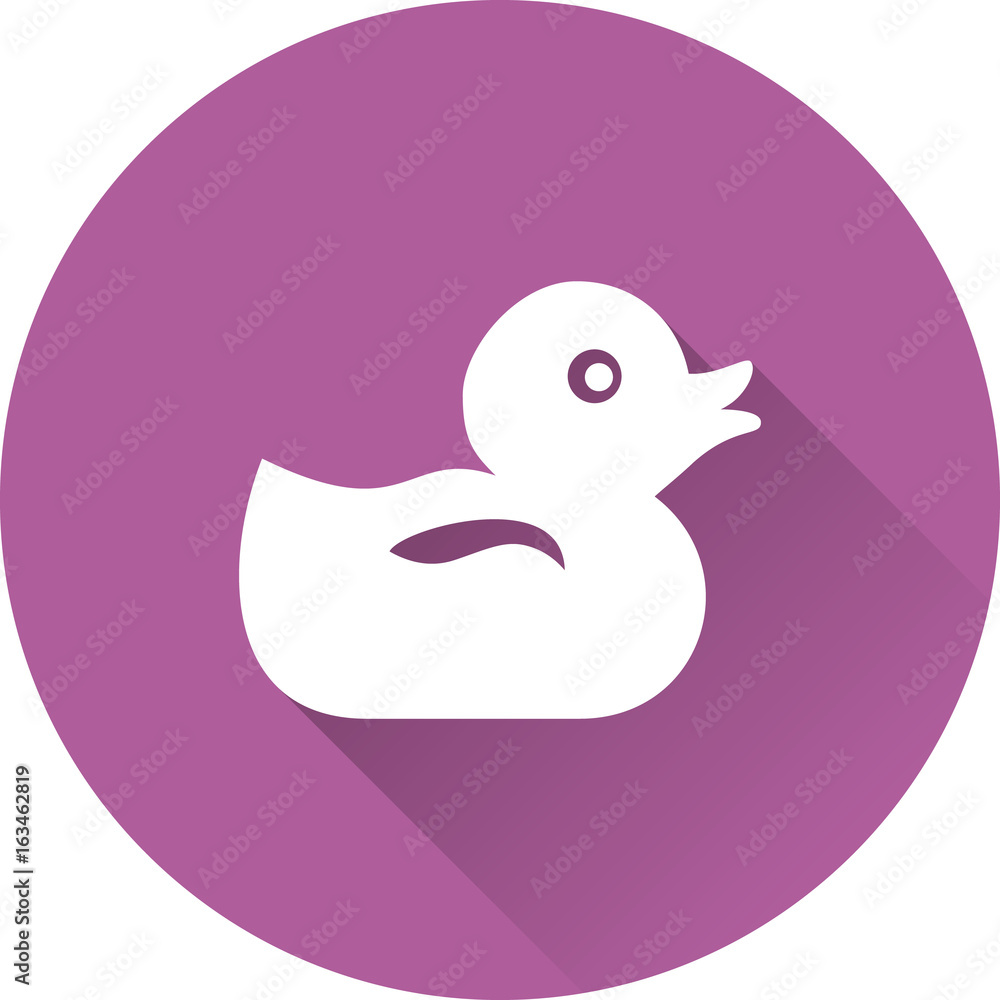 Duck baby icon. Vector. White toy on purple background. Simple symbol in flat design with long shadow. Duck baby icon. Vector. White toy on purple background. Simple symbol in flat design with long shadow.