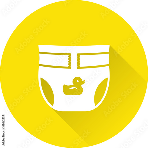 Diaper baby icon. Vector. Disposable nappy on yellow background. Baby shower simple symbol in flat design with long shadow.