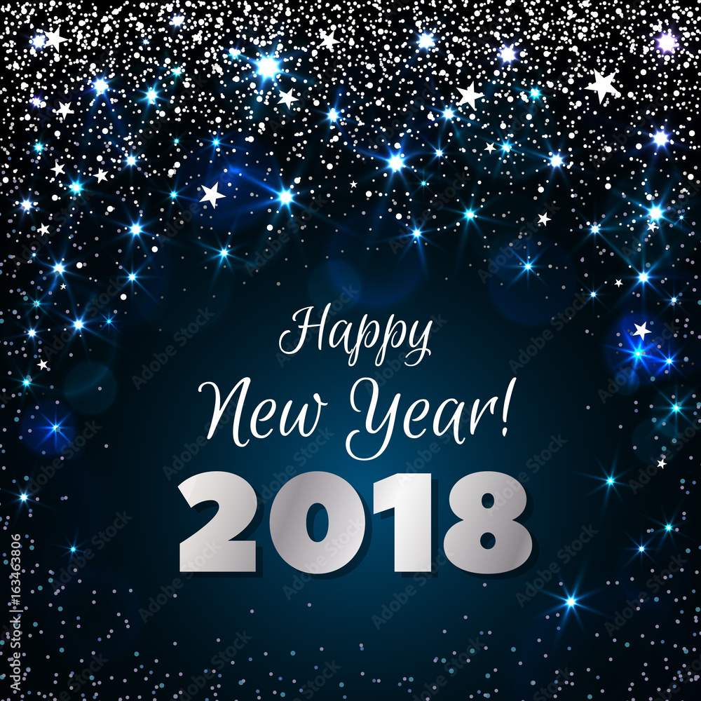 Fototapeta premium Happy New Year 2018 greeting card. Festive illustration with colorful confetti, party popper and sparkles. Vector