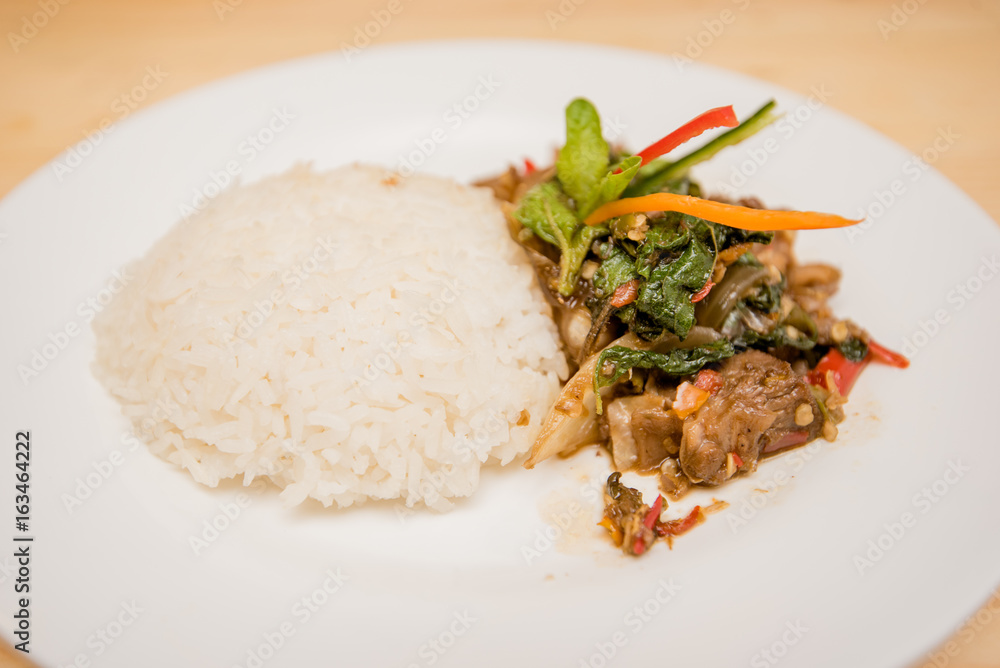 stir-fried meat and basil with rice, Thai food stir-fried meat and basil with rice, Thai food