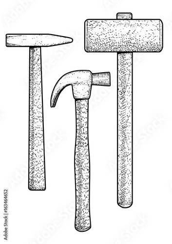 Hammer illustration, drawing, engraving, ink, line art, vector