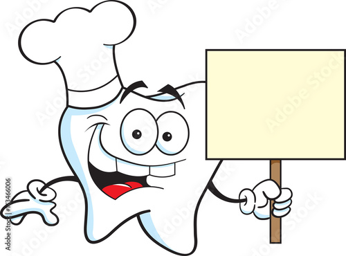 Cartoon illustration of a tooth holding a sign.