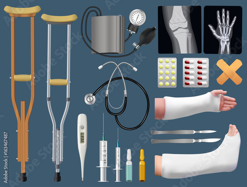 Set of medicine surgical traumatology objects. Treatment of bone fracture. Plaster splint, crutch, x-ray, arm and leg in plaster splint, medical instruments. Isolated objects. Vector