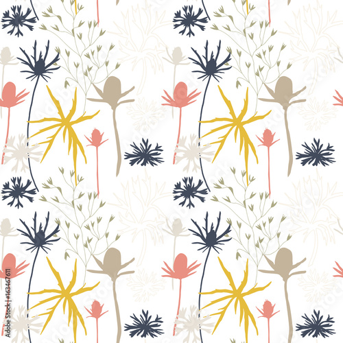 Floral vector seamless pattern with cornflowers, thistles and grasses.