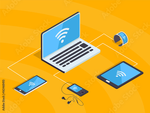 Isometric wifi network with smart gadgets. Synchronization cloud technology and internet wireless connection with icons of smartphone, laptop, mp3 player, smartwatch.