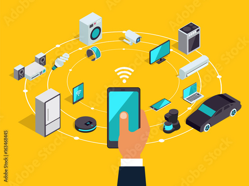 Internet of things layout. IOT online synchronization and connection via smartphone wireless technology. Smart home concept with isometric icons of home appliances.