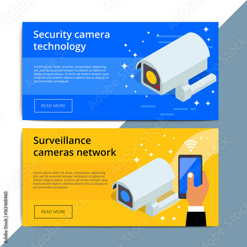 Security camera promo web banner ad. Video surveillance equipment promotion advertisement layout. CCTV device with wireless technology.
