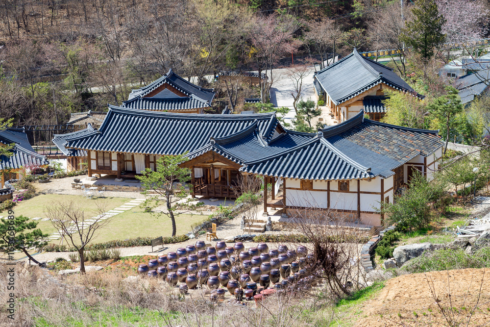 Kimchi pots in front of traditional Korean houses at Wanju county, South Korea