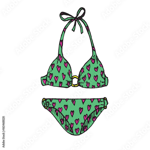 Green bikini with pink hearts pattern, isolated hand drawn outline doodle, sketch in pop art style, color vector illustration