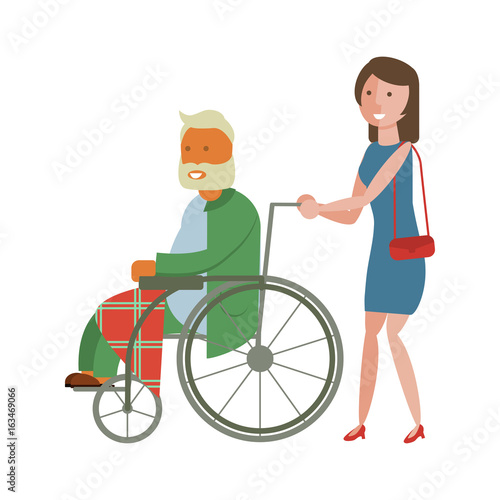 Young woman is strolling with grandpa in wheelchair. Isolated Flat style vector illustration of nursing home care. © tatianastulbo