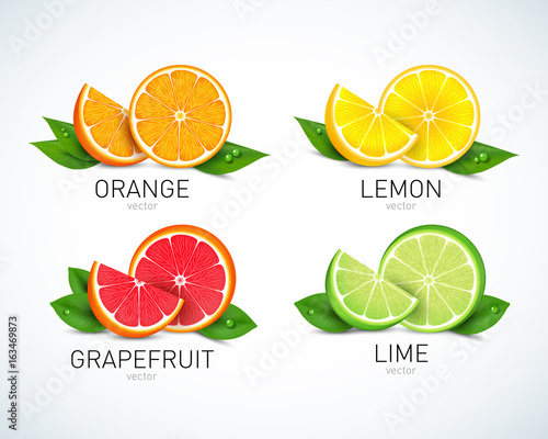 Leinwand Poster Citrus fruits halves and quarter wedges 4 realistic icons square with orange gra